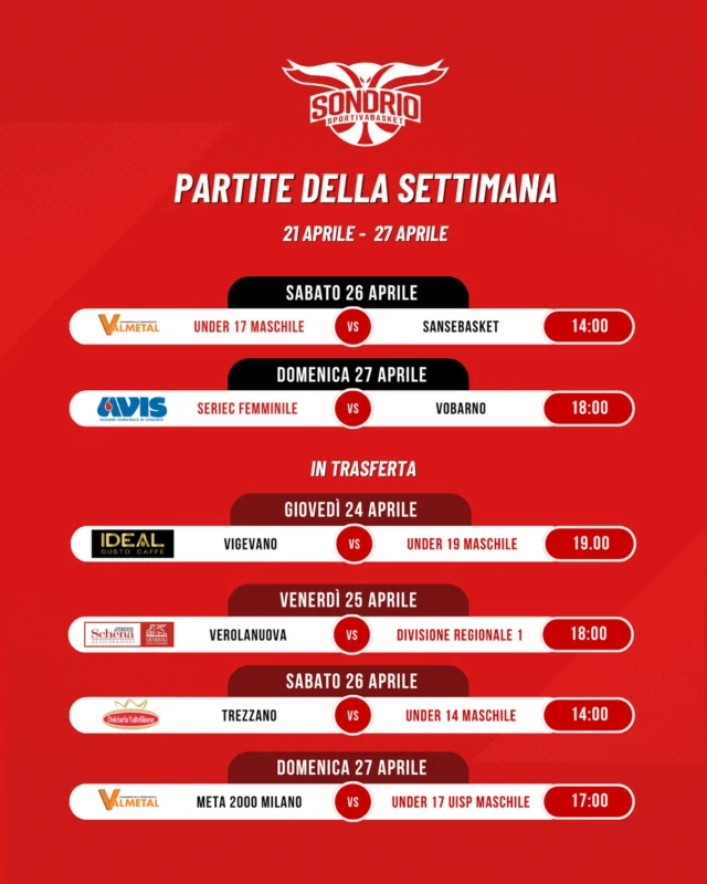 🚨Questa settimana cominceranno le seconde fasi dei playoff e dei play out delle nostre squadre!!💪🏻😎

Qui trovate le partite della settimana che si disputeranno in casa e in trasferta!!🙃
Vi aspettiamo numerosi a sostenere gli atleti anche (e soprattutto) in questa seconda fase di campionato!🚀

Ci vediamo al Pala!🤓🏀